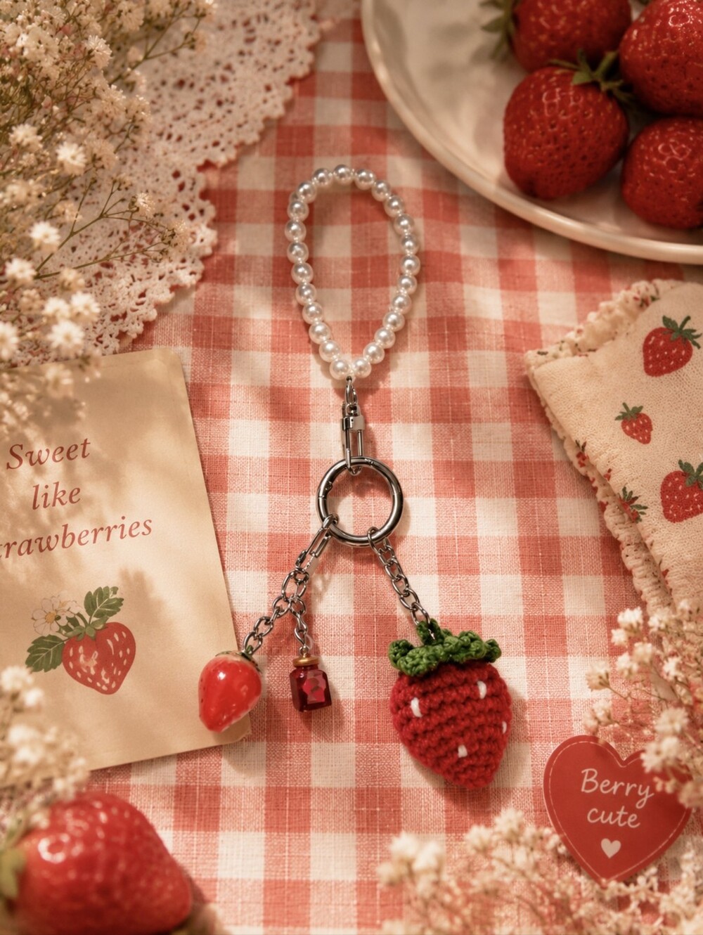 Pearl Style Beaded Strawberry Keychain/Bag Charm with Crochet Charm - Picture 3 of 3